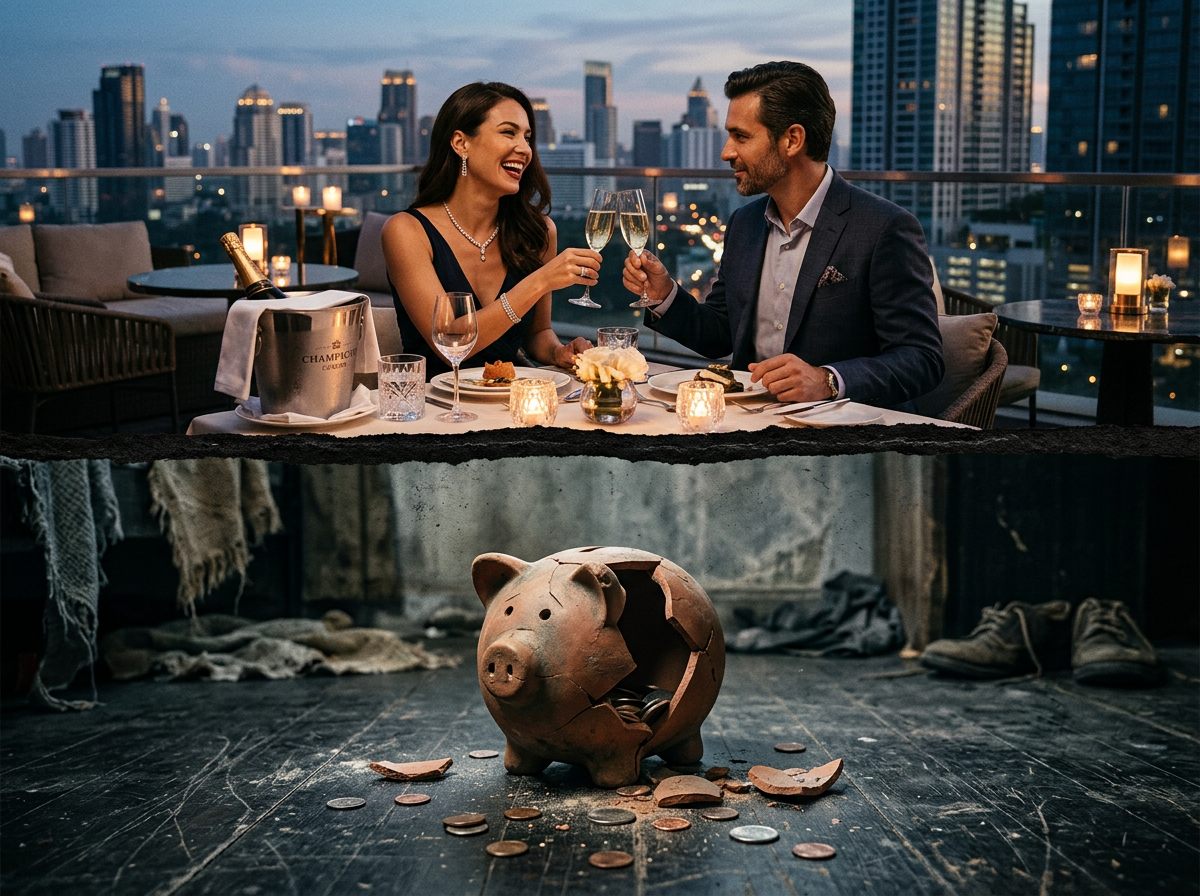 Your Salary Is Going Up- So Why Are You Always Broke? Couple toasting with champagne at a rooftop dinner above a broken piggy bank with spilled coins on a dark floor
